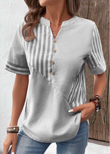 ROTITA Patchwork Striped Grey Split Neck Short Sleeve Blouse