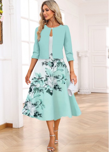 ROTITA Two Piece Floral Print Light Blue Dress and Cardigan