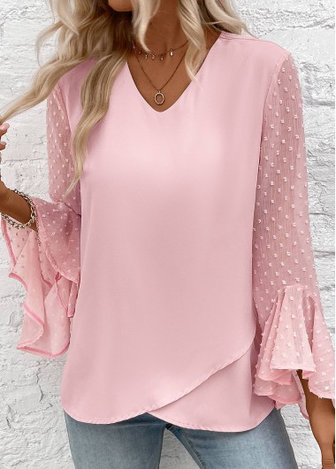 ROTITA Patchwork Light Pink V Neck Long Sleeve Blouse