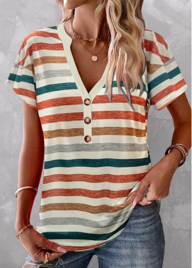 ROTITA Button Striped Multi Color Split Neck T Shirt
