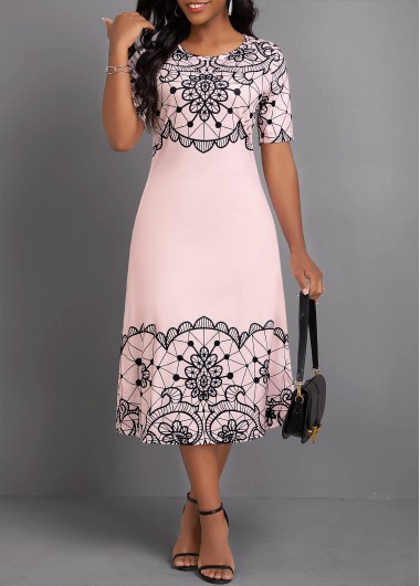 ROTITA Geometric Print Light Pink Round Neck Short Sleeve Dress
