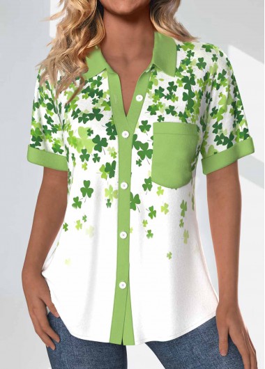 ROTITA Patchwork Saint Patrick's Day Print Avocado Green Blouse