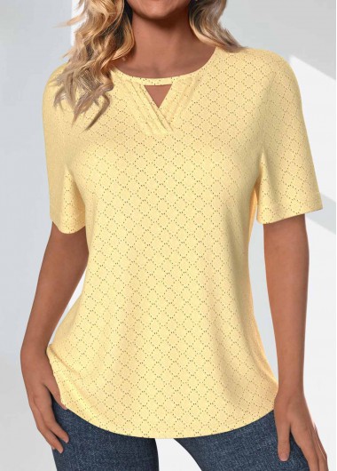 ROTITA Jacquard Light Yellow Round Neck Short Sleeve T Shirt