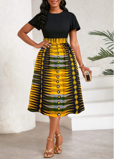 ROTITA Patchwork Chevron Print Black Round Neck Short Sleeve Dress