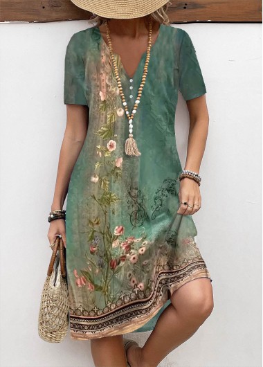 ROTITA Button Floral Print Green A Line Split Neck Dress