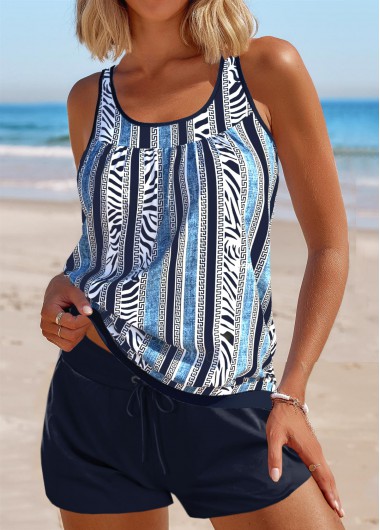 ROTITA Patchwork Navy Zebra Stripe Print Tankini Set