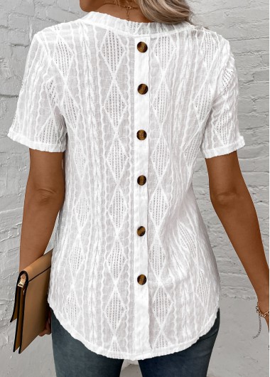 Button White Round Neck Short Sleeve T Shirt