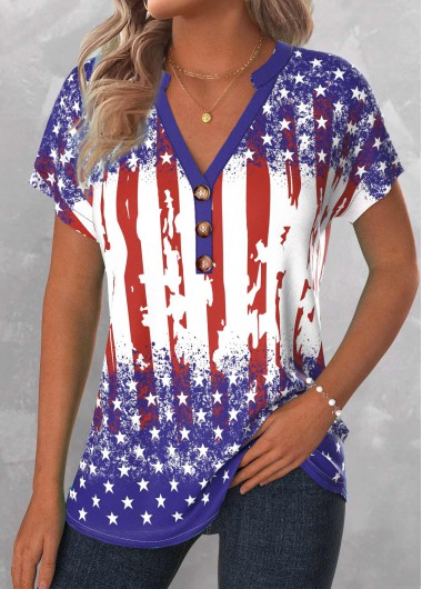 ROTITA American Flag Button Blue Split Neck Short Sleeve Blouse