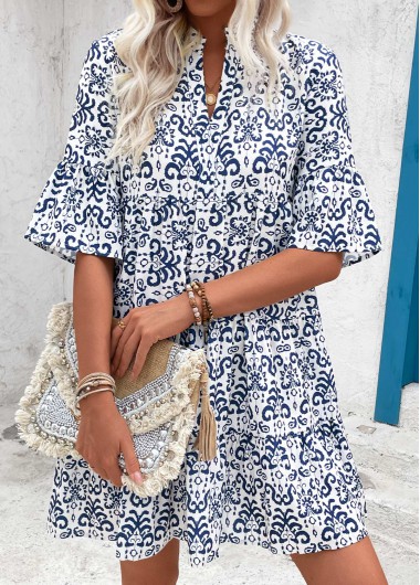 Ruched Tribal Print Blue A Line Split Neck Dress
