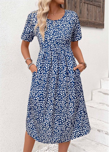 Pocket Ditsy Floral Print Navy Round Neck Dress