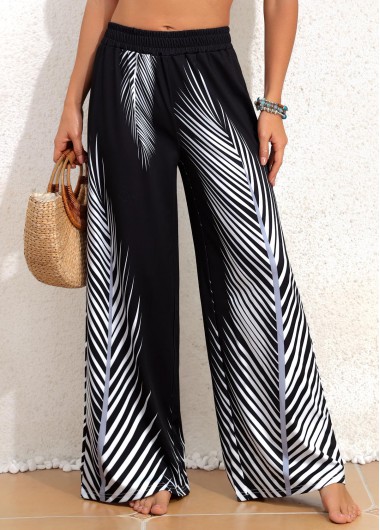 Plants Print Black Elastic Waist Mid Waisted Pants