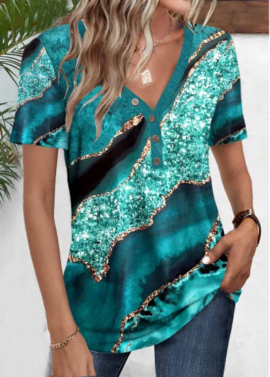 ROTITA Button Marble Print Turquoise V Neck T Shirt