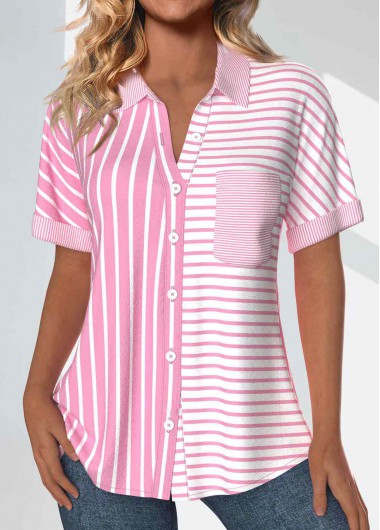 ROTITA Pocket Striped Pink Short Sleeve Shirt