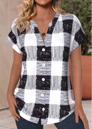 ROTITA Button Plaid Black V Neck Short Sleeve Blouse