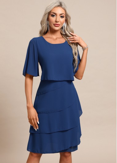 ROTITA Breathable Blue Scoop Neck Half Sleeve Shift Dress