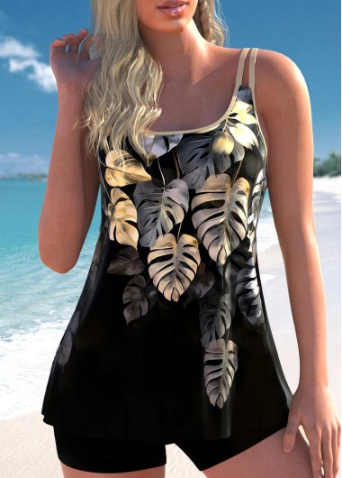 ROTITA Contrast Binding Golden Tropical Plants Print Tankini Top