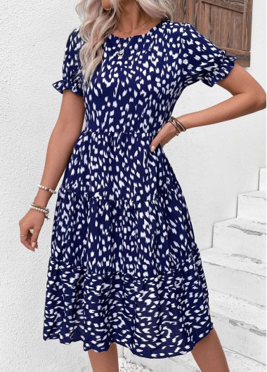 Ruched Navy Round Neck Short Sleeve Dress