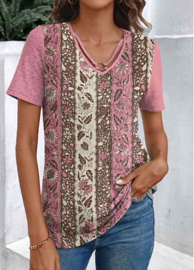 ROTITA Patchwork Floral Print Pink V Neck T Shirt