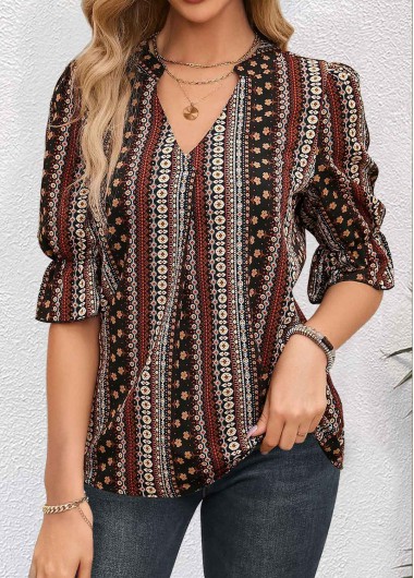 ROTITA Ruched Tribal Print Multi Color Split Neck Blouse