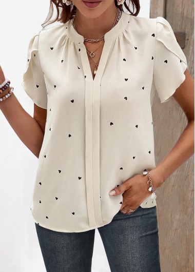 ROTITA Ruched Heart Print Beige Split Neck Short Sleeve Blouse