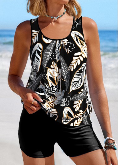 ROTITA Patchwork Black Leaf Print Tankini Top
