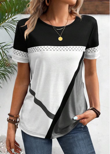 ROTITA Patchwork Geometric Print Black Round Neck T Shirt