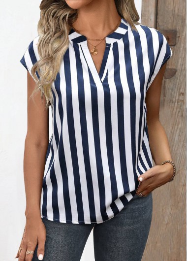 ROTITA Split Striped Navy Short Sleeve Blouse
