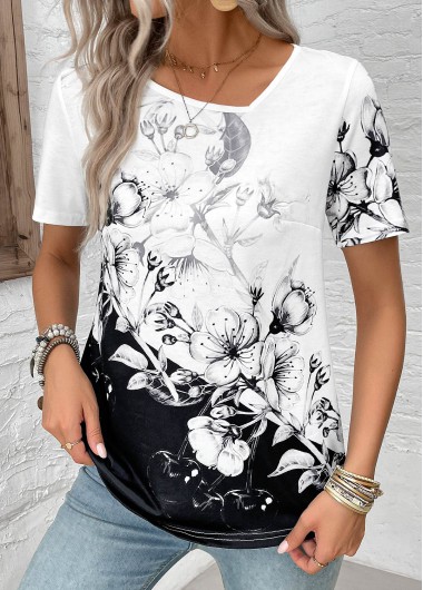 Lightweight Floral Print Black Asymmetrical Neck T Shirt