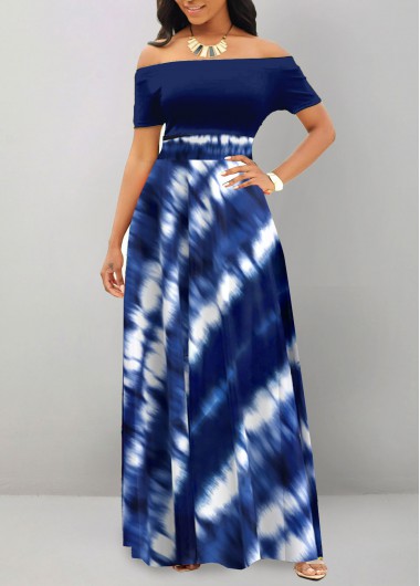 ROTITA Patchwork Tie Dye Print Navy Off Shoulder Maxi Dress
