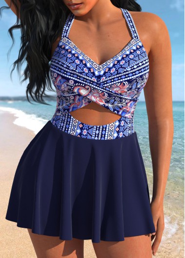 ROTITA Cut Out Navy Paisley Print One Piece Swimwear
