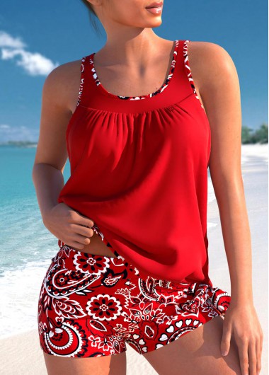 ROTITA Bowknot Red Paisley Print Tankini Set