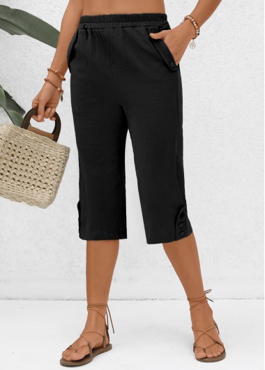 Pocket Black Elastic Waist High Waisted Pants