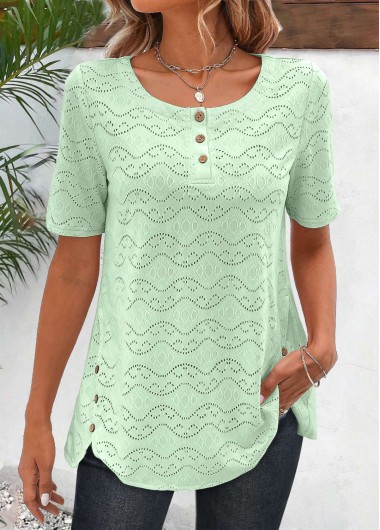 ROTITA Button Light Green Round Neck Short Sleeve T Shirt