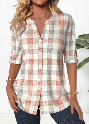 ROTITA Button Plaid Orange Split Neck 3/4 Sleeve Blouse