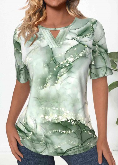ROTITA Tuck Stitch Marble Print Light Green T Shirt