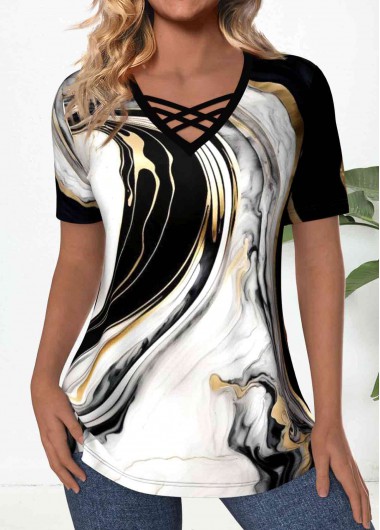 ROTITA Criss Cross Marble Print Black V Neck T Shirt