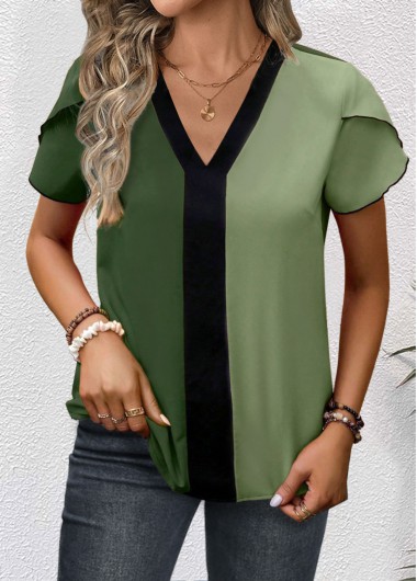 ROTITA Patchwork Green V Neck Short Sleeve Blouse