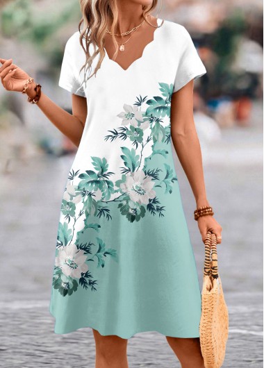 ROTITA Scalloped Hem Floral Print Sage Green A Line Dress