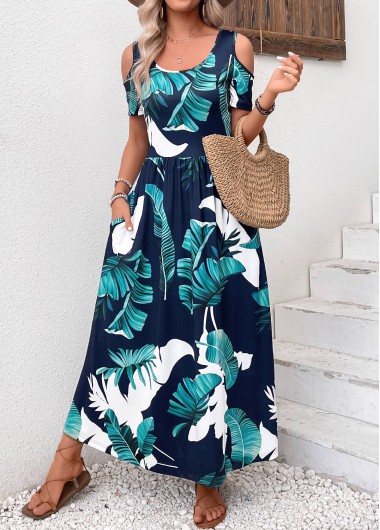 Pocket Plants Print Navy Scoop Neck Maxi Dress