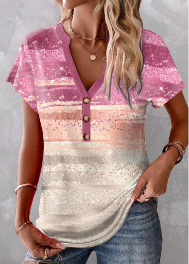 ROTITA Patchwork Ombre Pink V Neck Short Sleeve T Shirt