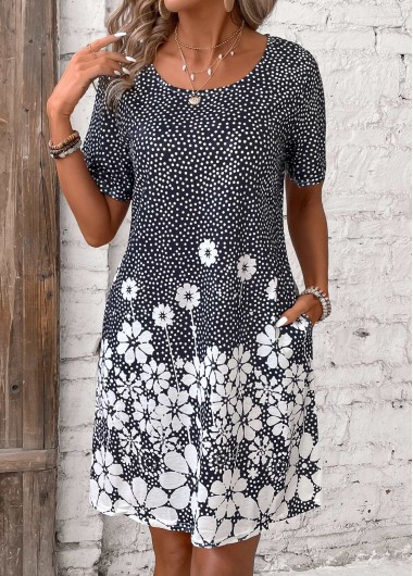 Pocket Floral Print Black Short Round Neck Dress