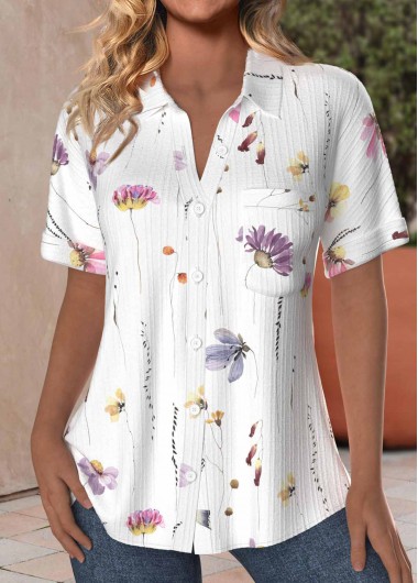 ROTITA Textured Fabric Floral Print White Shirt Collar Blouse