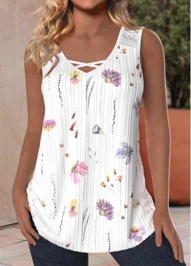 ROTITA Lace Floral Print White V Neck Tank Top