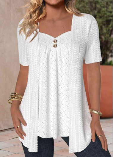 ROTITA Textured Fabric White Heart Collar Short Sleeve T Shirt
