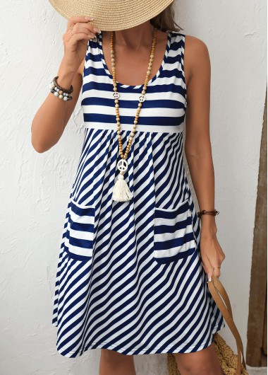 Pocket Striped Navy A Line Scoop Neck Sleeveless Dress
