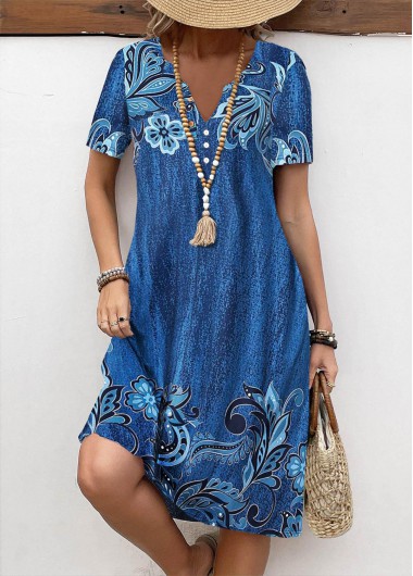 ROTITA Button Floral Print Denim Blue A Line Dress