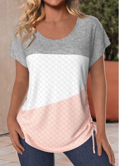 ROTITA Patchwork Dusty Pink Round Neck Short Sleeve T Shirt