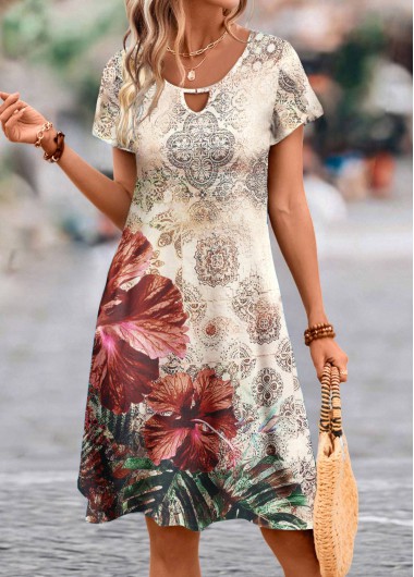ROTITA Cut Out Floral Print Multi Color A Line Dress