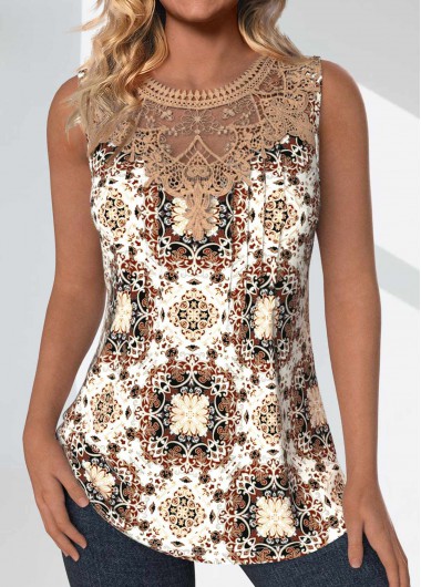 ROTITA Patchwork Tribal Print Light Coffee Round Neck Tank Top