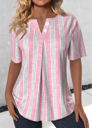 ROTITA Striped Light Pink Split Neck Short Sleeve Blouse
